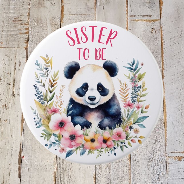 Panda Bear in Flowers Baby Shower Sister som ska v Knapp (Skapare uppladdad)