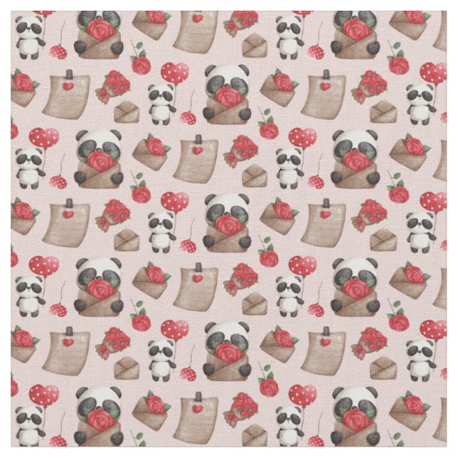 Panda Bear Kärlek Mönster Fabri, Cute Valentindage Tyg (Närbild)