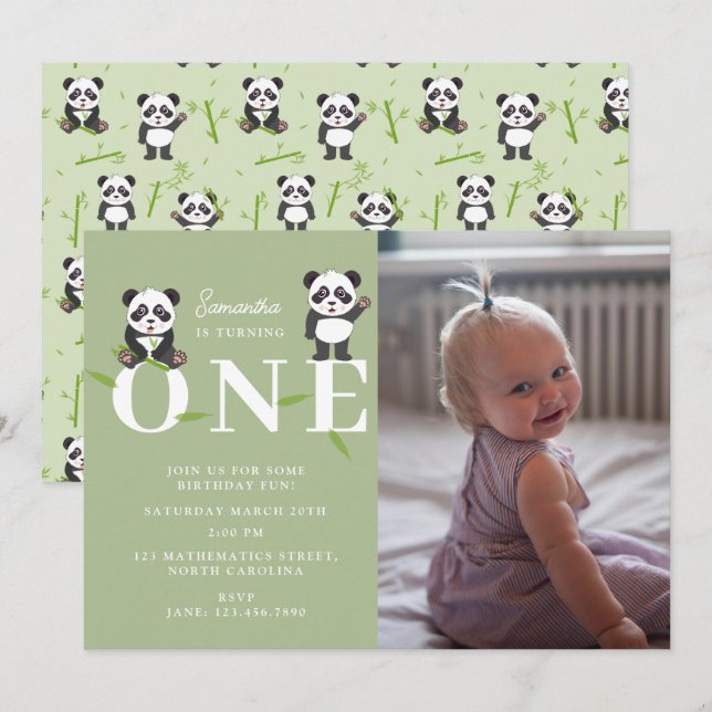 Panda Bear Kawaii Kids First One Birthday Photo Inbjudningar (Fram/baksida)
