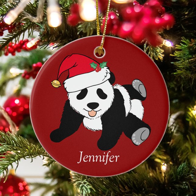 Panda Bear Kids Monogram Red Cute Anpassningsbar j Julgransprydnad Keramik (Skapare uppladdad)