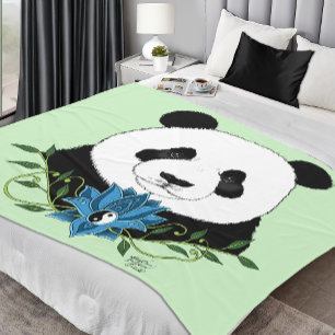 Panda Bear Lotus Flower Blue Fleecefilt