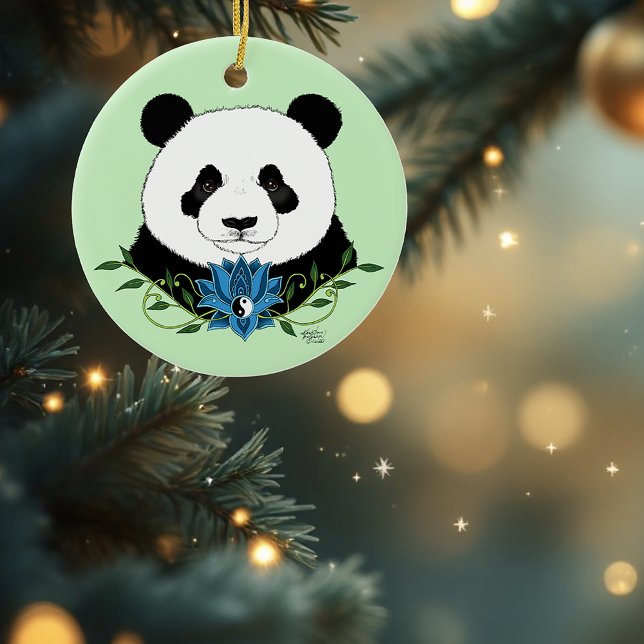 Panda Bear Lotus Flower Blue Julgransprydnad Keramik (Skapare uppladdad)