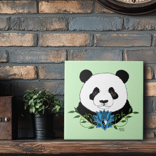 Panda Bear Lotus Flower Blue Kakelplatta