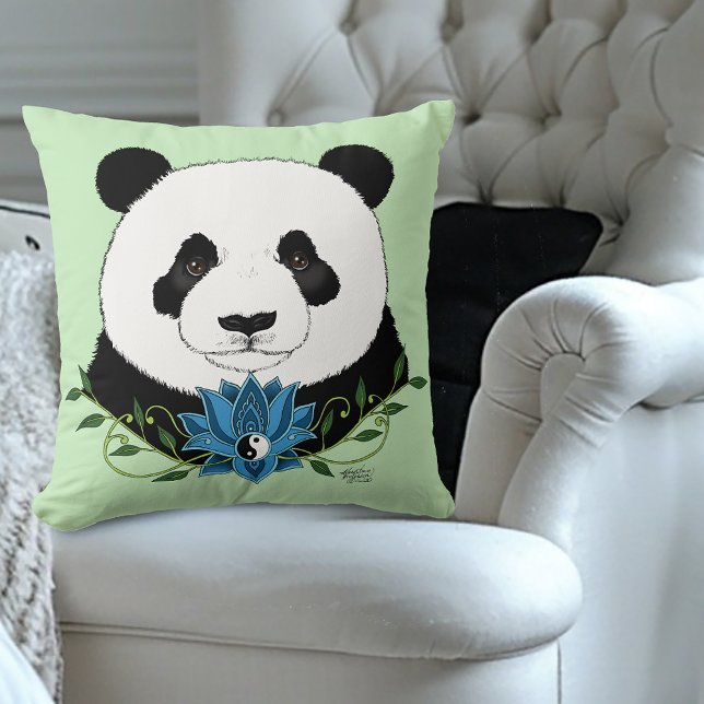 Panda Bear Lotus Flower Blue Kudde (Skapare uppladdad)