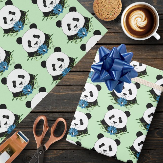 Panda Bear Lotus Flower Blue Presentpapper (Skapare uppladdad)