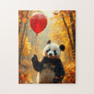 Panda Bear med en röd ballong på hösten Pussel