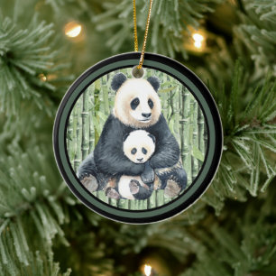 Panda Bear Momma och Baby Julgransprydnad Keramik