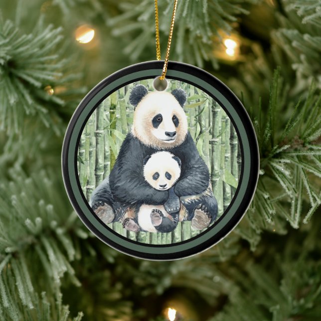 Panda Bear Momma och Baby Julgransprydnad Keramik (Träd)