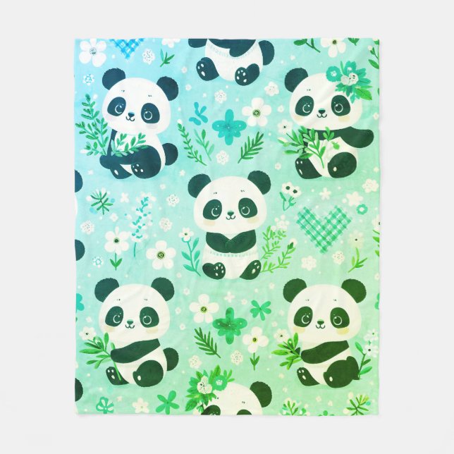 Panda Bear Mönster Grönt Skriv ut Fleecefilt (Framsidan)