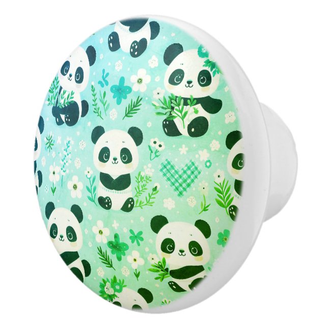 Panda Bear Mönster Grönt Skriv ut Knopp (Höger)