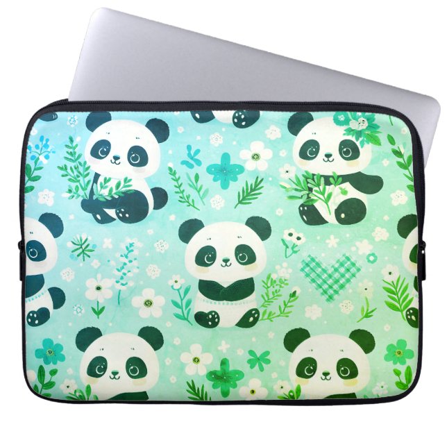 Panda Bear Mönster Grönt Skriv ut Laptop Fodral (Framsidan)