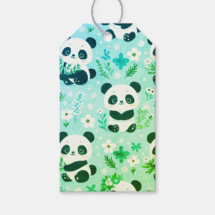 Panda Bear Mönster Grönt Skriv ut Presentetikett