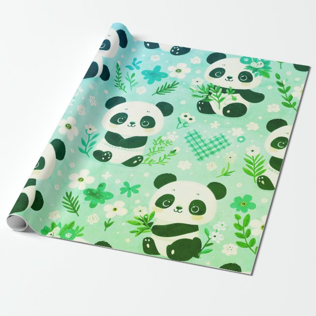 Panda Bear Mönster Grönt Skriv ut Presentpapper (Utrullad)