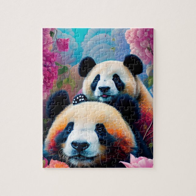 Panda Bear och Unge med Flowers Pussel (Vertikal)