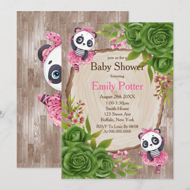 Panda Bear Rosa Tutu Wood Baby Shower-inbjudningar (Fram/baksida)