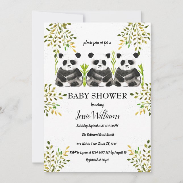 Panda Bear Triplets Baby Shower Greenery Natature Inbjudningar (Framsida)