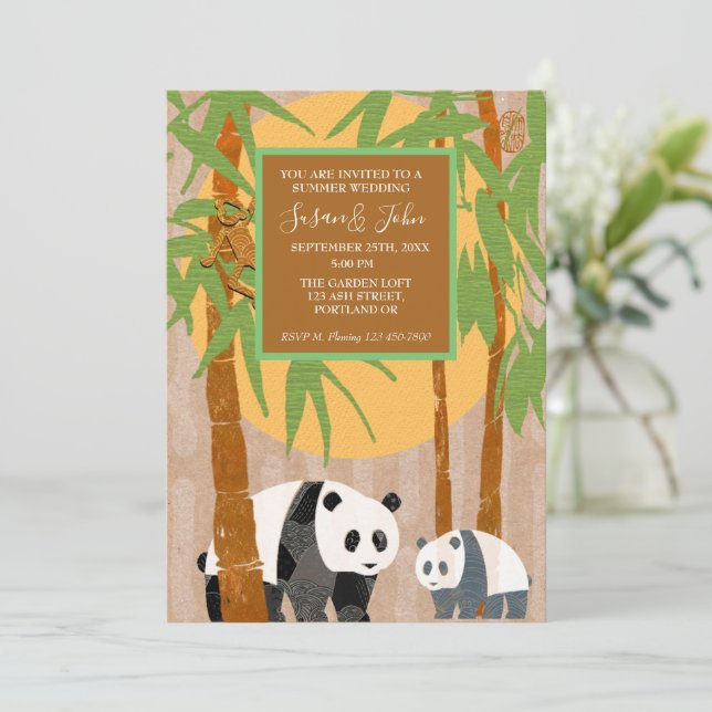Panda Bears & Bamboo bröllopsinbjudan Inbjudningar (Stående Fram)