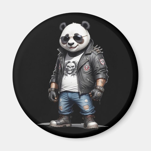 Panda Biker Rebel Leather Jacka Coola Stil Urban Magnet (Framsidan)