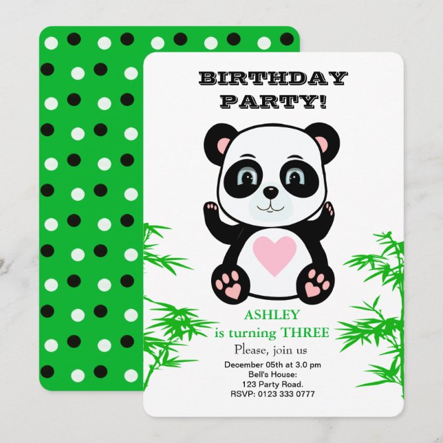 Panda Björn & Bambu Växt Barnkalas Inbjudan (Fram/baksida)