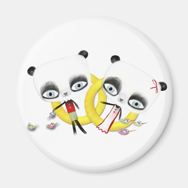 Panda Björn Bröllop Söt Ringar Fåglar Magnet (Framsidan)