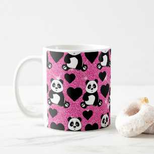 Panda Björn Djurälskare Svarta Hjärtan Rosa Glitte Kaffemugg
