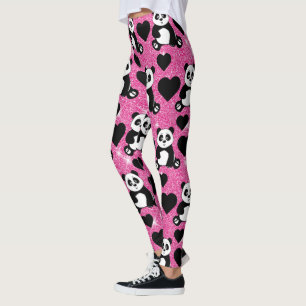 Panda Björn Djurälskare Svarta Hjärtan Rosa Glitte Leggings