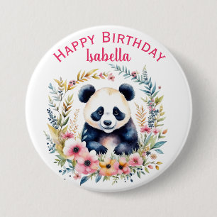 Panda Björn i blommor Flickas födelsedagspersonlig Knapp