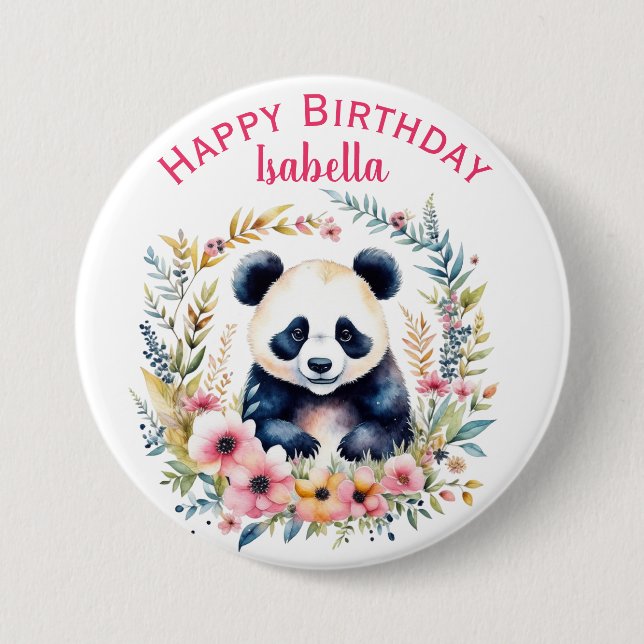 Panda Björn i blommor Flickas födelsedagspersonlig Knapp (Framsida)