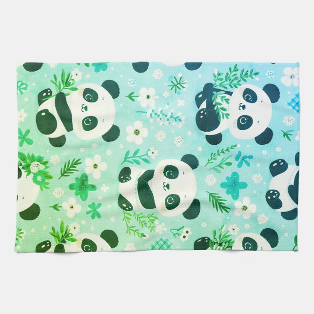 Panda Björn Mönster Grön Tryck Kökshandduk (Horisontell)