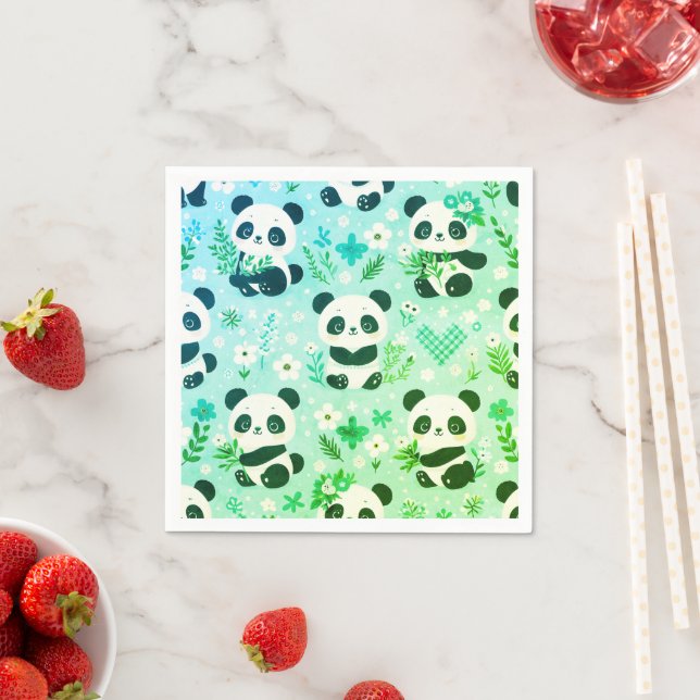 Panda Björn Mönster Grön Tryck Pappersservett (Insitu)