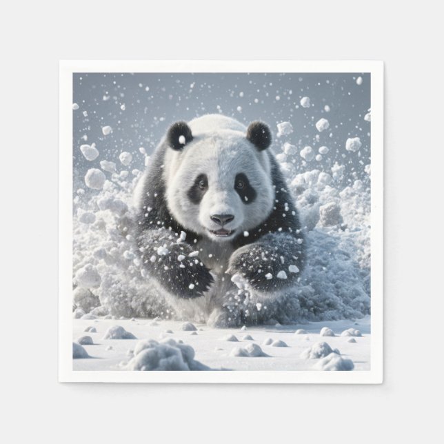 Panda Björn Springar I Snö Pappersservett (Framsidan)