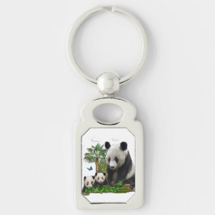 Panda björnkonst rektangulärt silverfärgad nyckelring