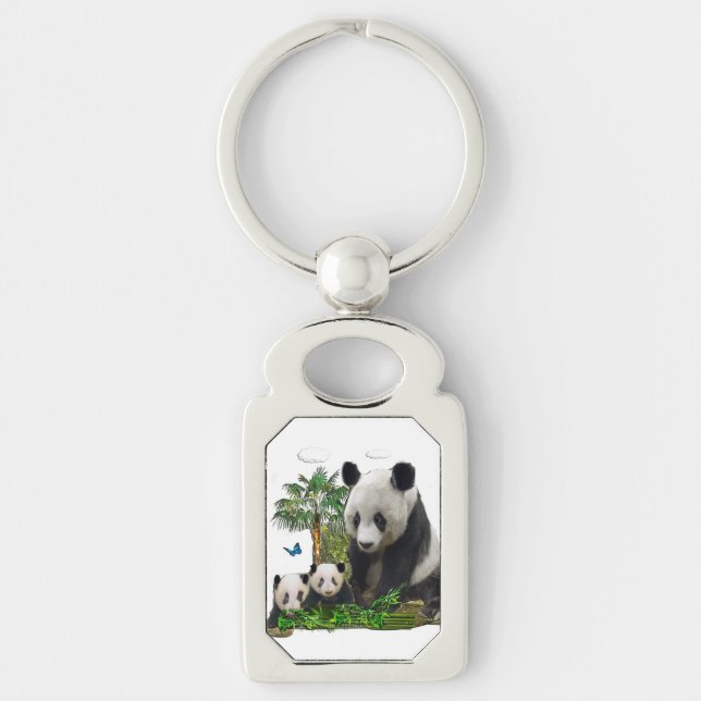 Panda björnkonst rektangulärt silverfärgad nyckelring (Framsidan)