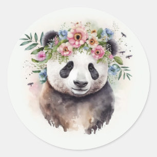 Panda Blommor Akvarell Runt Klistermärke