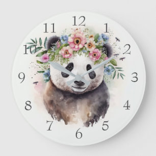 Panda Blommor Akvarell Stor Klocka