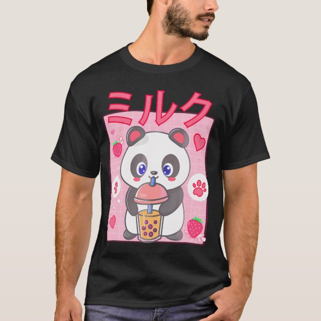 Panda Boba Tea Bubble Tea Anime Kawaii Strawberry T Shirt (Framsida)