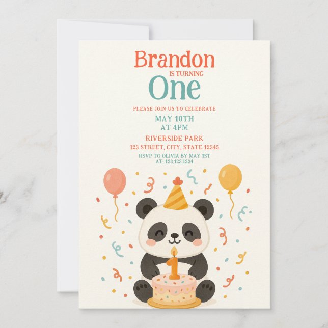 Panda Cake och Balloth 1:a födelsedagen, skalning  Inbjudningar (Framsida)