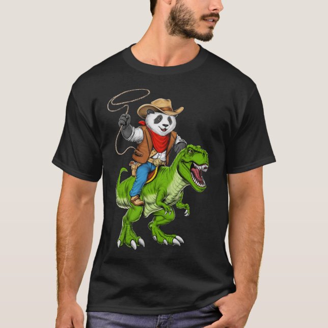 Panda Cowboy Riding T-Rex Dinosaur T Shirt (Framsida)