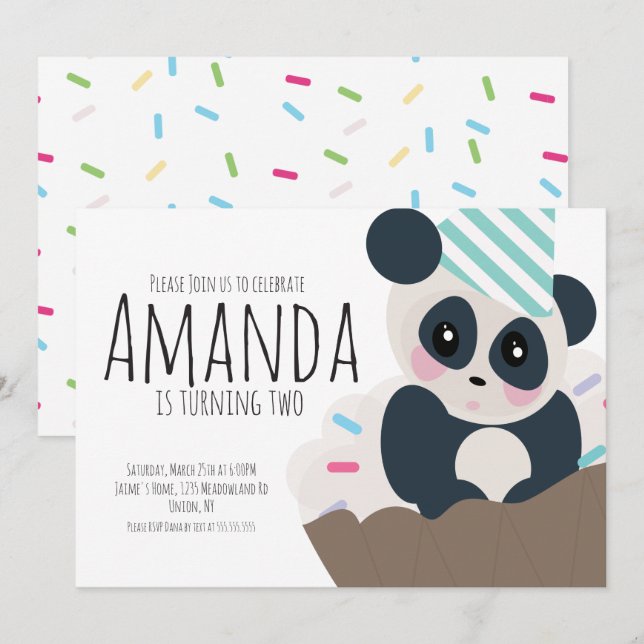 Panda Cupcake Sprinkles Födelsedagsinbjudan Alla Å Inbjudningar (Fram/baksida)
