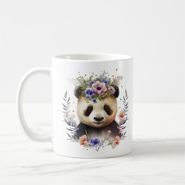 Panda Cute, vattenfärgsfärgad Blommigt Kaffemugg (Vänster)