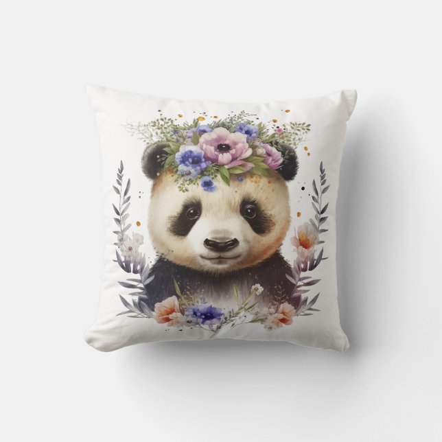 Panda Cute, vattenfärgsfärgad Blommigt Kudde (Framsida)