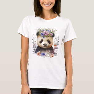 Panda Cute, vattenfärgsfärgad Blommigt T Shirt