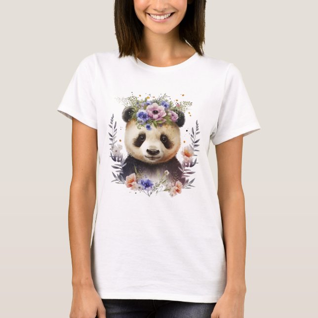 Panda Cute, vattenfärgsfärgad Blommigt T Shirt (Framsida)