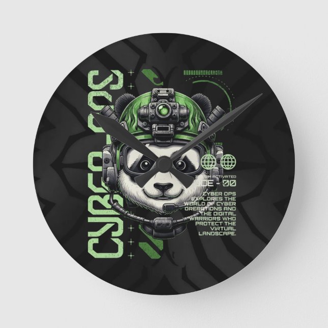 Panda Cyborg Ops – Futuristisk Cybernetisk Panda Rund Klocka (Framsida)