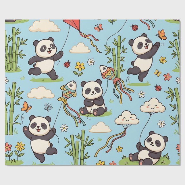 Panda-drake Pappersomslag – Vårträdgårdssnurr Presentpapper (Platt)