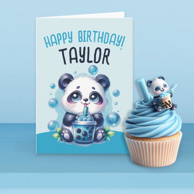Panda Drinking Blue Boba Bubble Tea Birthday Kort (Skapare uppladdad)
