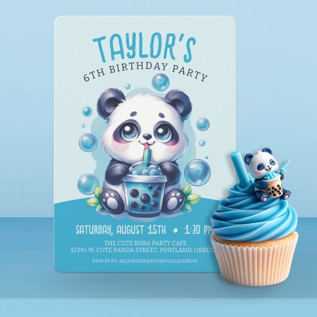 Panda Drinking Blue Boba Bubble Tea Födelsedagsfes Inbjudningar (Skapare uppladdad)