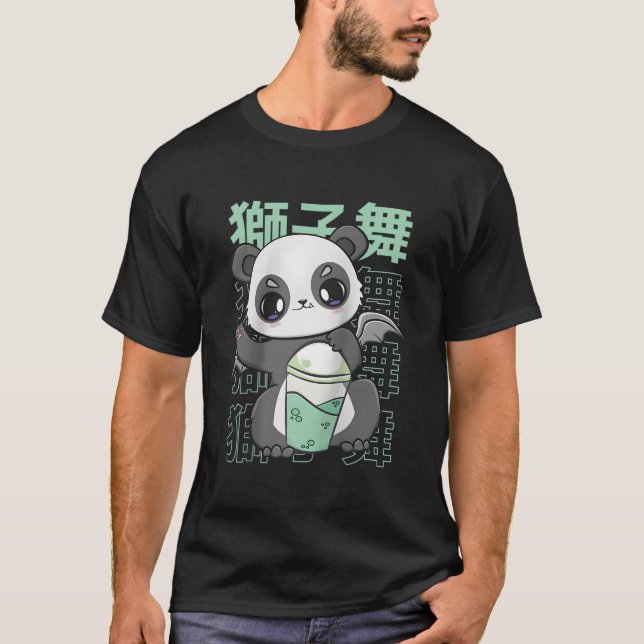 Panda Drinking Bubble Milk Tea Mochi Animals Kanji T Shirt (Framsida)