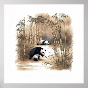 Panda Eating Bamboo - Archival Art Print Poster