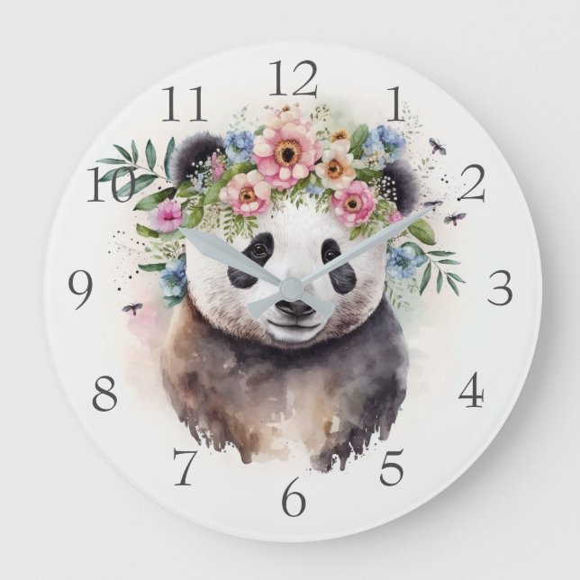 Panda Flowers Watercolor                         Stor Klocka (Framsida)